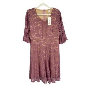 Twink Lady Dress Womens XL Mauve Pink Lace with Nude Underlay Bell Half Sleeves